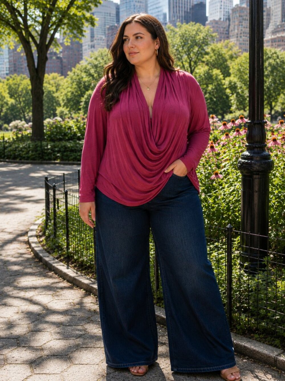 FEVER Raspberry Pink Faux Wrap Top 1X Draped Front Long Sleeve Knit Blouse - Picture 15 of 15